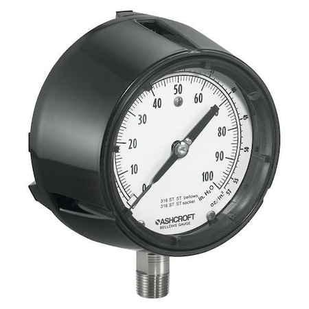 Low Pressure Gauge, 0 to 30 psi, 4 1/2 in Dial, 1/4 in NPT, Bottom Location, Phenolic Case Material MPN:1188A