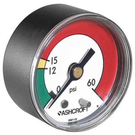 Commercial Pressure Gauge, 0 to 60 psi, 2 in Dial, 1/8 in NPT, Center Back Location MPN:20W1005PH01B 60 PSI