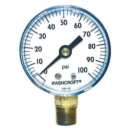 Industrial Pressure Gauge, 0 to 100 psi, 2 in Dial, 1/4 in NPT, Bottom Location MPN:20W1005PH02L100#