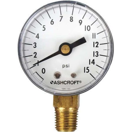 Industrial Pressure Gauge, 0 to 15 psi, 2 in Dial, 1/4 in NPT, Bottom Location MPN:20W1005PH02L15#