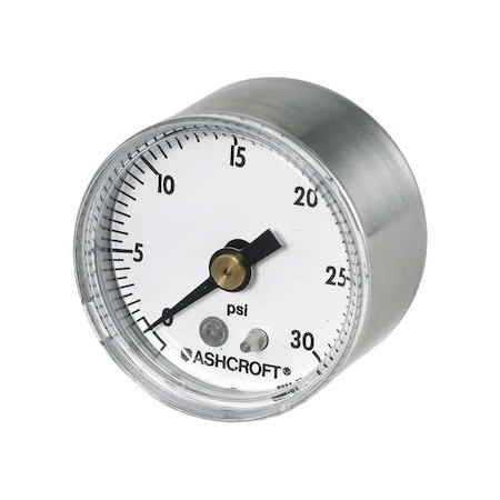 Pressure Gauge, 0 to 30 psi, 2 in Dial, 1/4 in NPT, Center Back Location MPN:20W1005SH02BXZG-30#