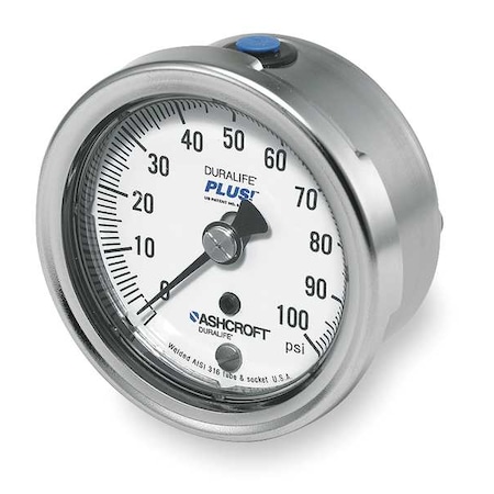 Industrial Pressure Gauge, 0 to 100 psi, 2 1/2 in Dial, 1/4 in NPT, Lower Back Location MPN:251009SW02BX6B100
