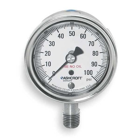 Industrial Pressure Gauge, 0 to 100 psi, 2 1/2 in Dial, 1/4 in NPT, Bottom Location MPN:251009SW02LX6B100