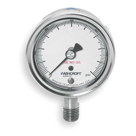 Industrial Pressure Gauge, 0 to 1, 000 psi, 2 1/2 in Dial, 1/4 in NPT, Bottom Location MPN:251009SW02LX6B1000