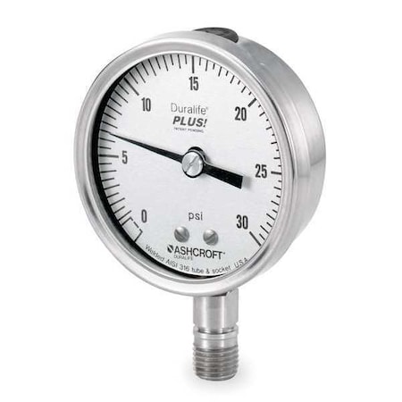 Industrial Pressure Gauge, 0 to 30 psi, 2 1/2 in Dial, 1/4 in NPT, Bottom Location MPN:251009SW02LXLL30