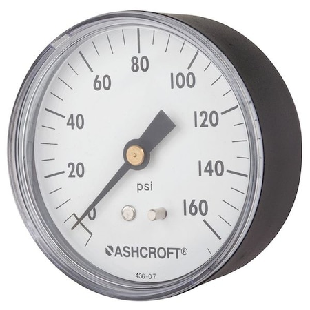 Industrial Pressure Gauge, 0 to 160 psi, 2 1/2 in Dial, 1/4 in NPT, Center Back Location MPN:25W1005PH02B160#