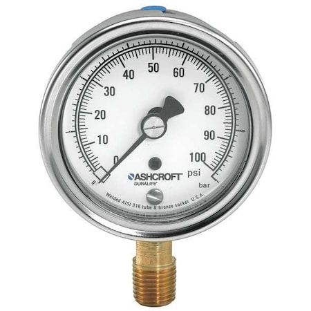 Industrial Pressure Gauge, 0 to 100 psi, 3 1/2 in Dial, 1/4 in NPT, Bottom Location MPN:351009AW02L100#