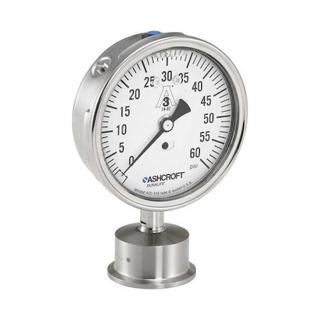 Pressure Gauge, 0 to 200 psi, 3 1/2 in Dial, 2 in Tri-Clamp, Bottom Location MPN:351032SL20L200#