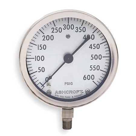 Industrial Pressure Gauge, 0 to 600 psi, 4 1/2 in Dial, 1/4 in NPT, Bottom Location MPN:45-1009A 02L 600 PSI