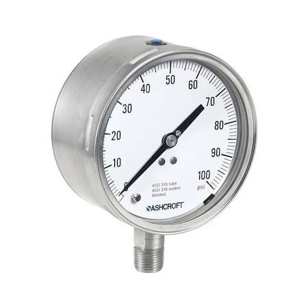 Pressure Gauge, 0 to 1, 000 psi, 4 1/2 in Dial, 1/2 in NPT, Bottom Location MPN:451209SD04L1000#