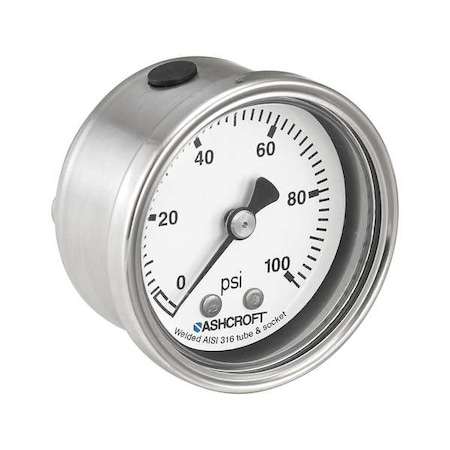 Pressure Gauge, 0 to 100 psi, 2 in Dial, 1/4 in NPT, Center Back Location MPN:501008SL02B100#