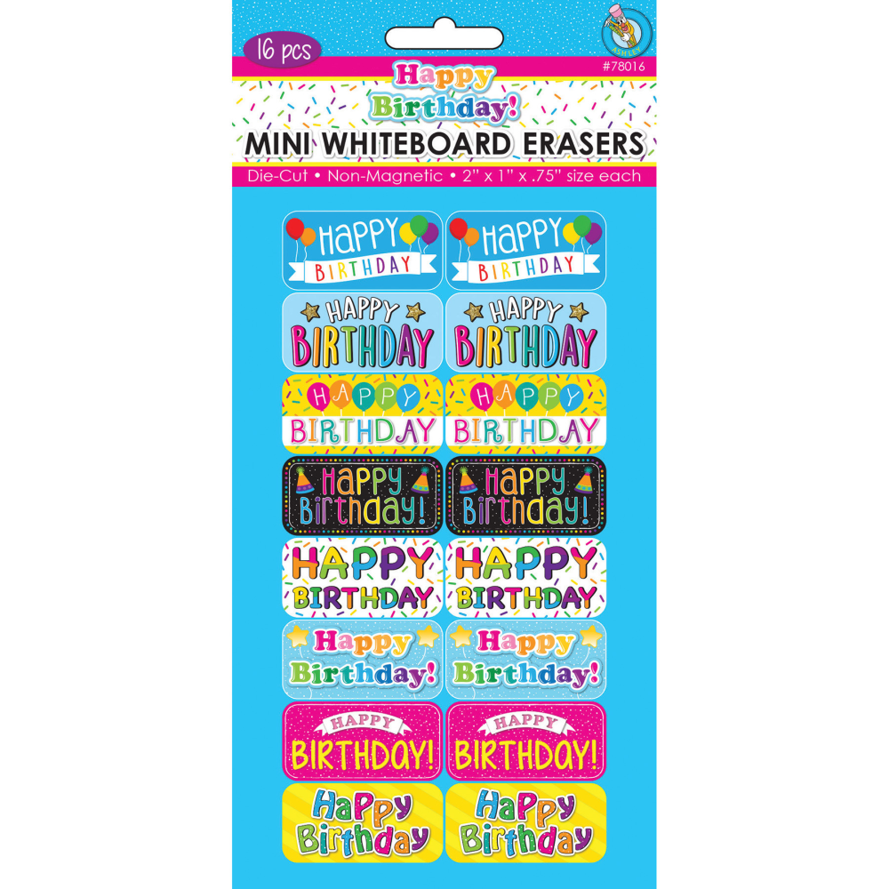 Ashley Productions Non-Magnetic Mini Whiteboard Erasers, Happy Birthday, Pack Of 16 MPN:ASH78016