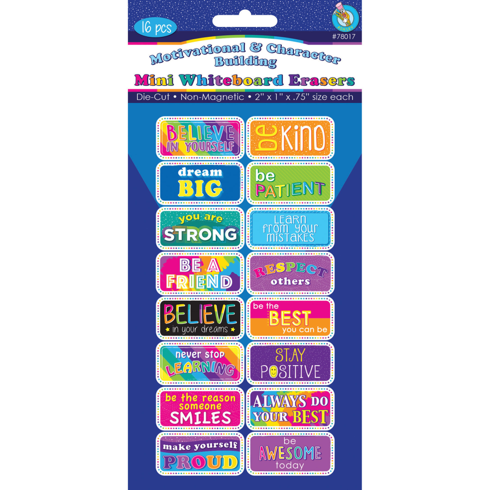 Ashley Productions Non-Magnetic Mini Whiteboard Erasers, 1-1/2in x 2in, Motivational/Character Building, Pack Of 16 Erasers MPN:ASH78017