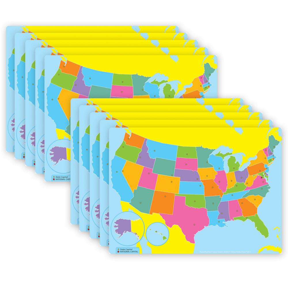 Ashley Productions Smart Poly PosterMat Pals Space Savers, 13in x 9-1/2in, US Map, Pack Of 10 Pieces MPN:ASH97003