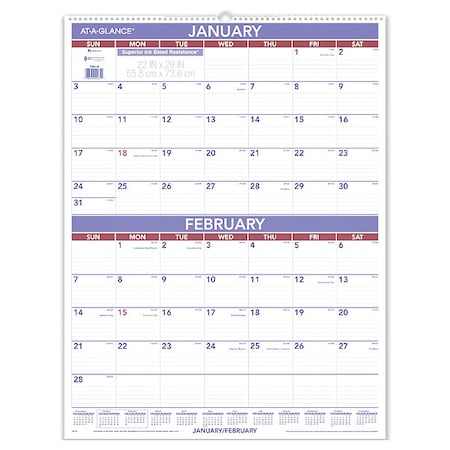 Two-Month Wall Calendar, 22 x 29, White/Blue/Red Sheets, 12-Month (Jan to Dec) 2026 MPN:AAGPM928