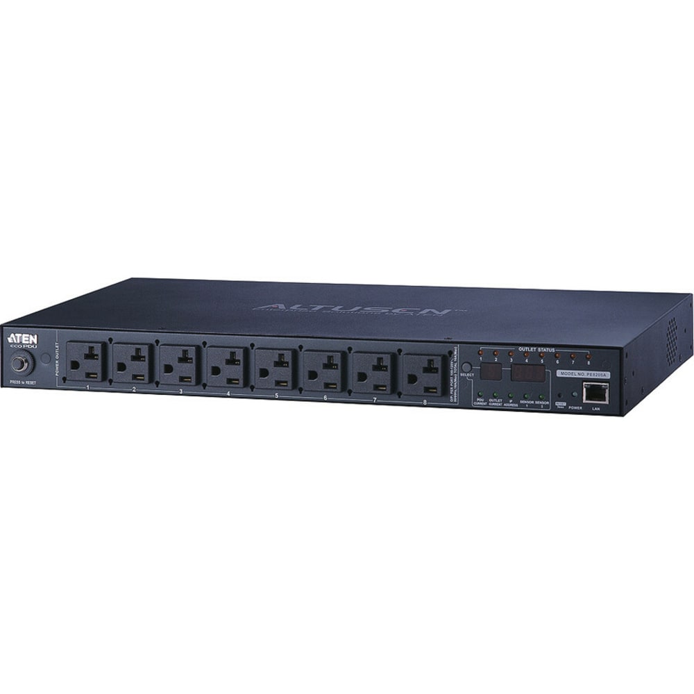 ATEN eco PDU PE8208A 8-Outlets PDU - IEC 60320 C20 - 8 x NEMA 5-20R - 120 V AC - 1920 W - Network (RJ-45) - 9.84 ft Cord Length - 1U - Rack-mountable MPN:PE8208A
