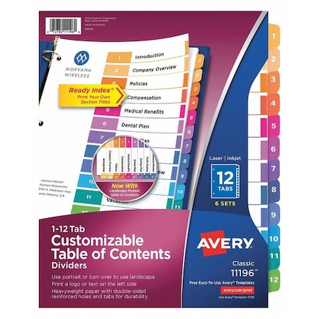 Table of Contents Index Dividers 12 Tab, PK6 MPN:11196