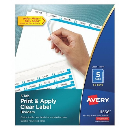 Printable Index Dividers, 5 Tab, White, Pk50 MPN:11556