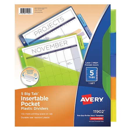 Divider, Plastic Pocket, 5Tb, Assorted, PK5 MPN:11902