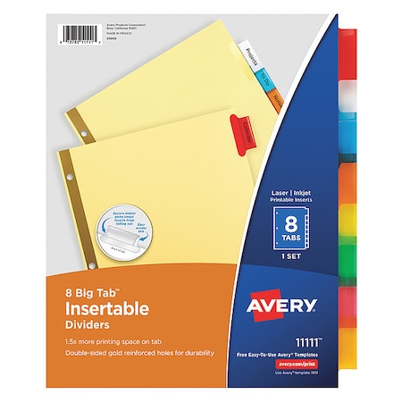 Avery Big Tab Insertable Dividers 11111, Buff Paper, 8 Multicolor Tabs, 1 Set MPN:7278211111