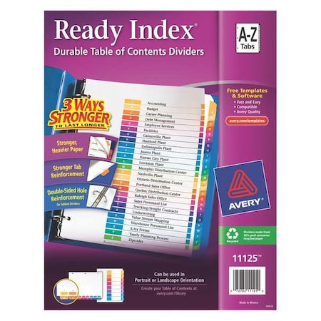 Avery Ready Index Table of Contents Dividers 11125, 26-Tab Set, A-Z MPN:7278211125