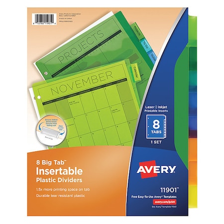 Avery Big Tab Insertable Plastic Dividers 11901, 8 Multicolor Tabs, 1 Set MPN:7278211901