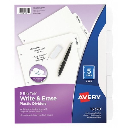 Avery Big Tab Write & Erase Durable Plastic Dividers 16370, 5 White Tabs, 1 Set MPN:7278216370