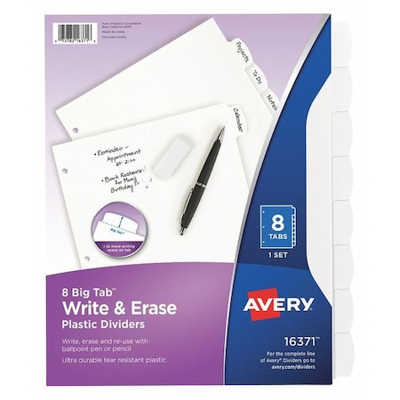Avery Big Tab Write & Erase Durable Plastic Dividers 16371, 8 White Tabs, 1 Set MPN:7278216371