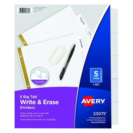 Avery Big Tab Write & Erase Dividers 23075, 5 White Tabs, 1 Set MPN:7278223075