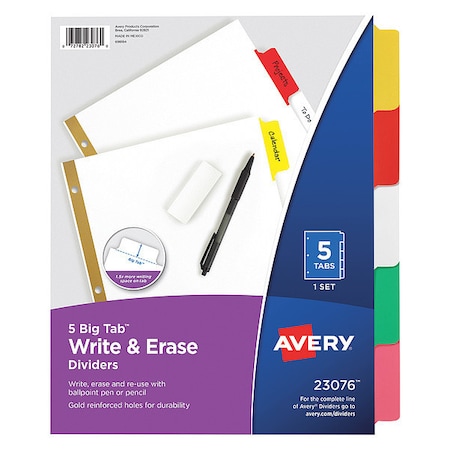Avery Big Tab Write & Erase Dividers 23076, 5 Multicolor Tabs, 1 Set MPN:7278223076