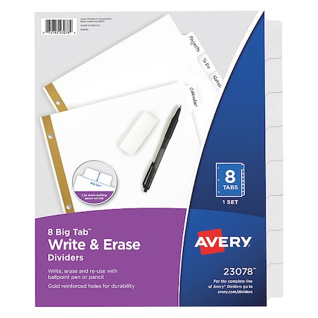 Avery Big Tab Write & Erase Dividers 23078, 8 White Tabs, 1 Set MPN:7278223078