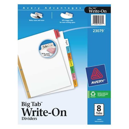 Avery Big Tab Write & Erase Dividers 23079, 8 Multicolor Tabs, 1 Set MPN:7278223079