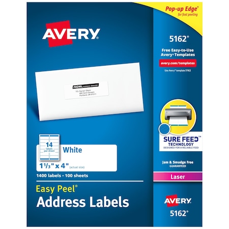 Laser Label, 4 in Label W, 1 1/3 in Label H, 14 Labels per Sheet White MPN:7278205162
