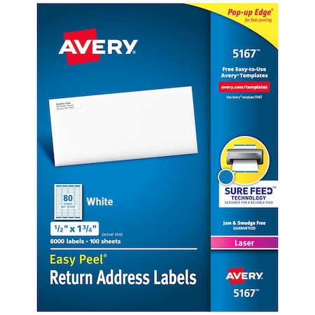 Laser Label, 1 3/4 in Label W, 1/2 in Label H, 80 Labels per Sheet White MPN:7278205167