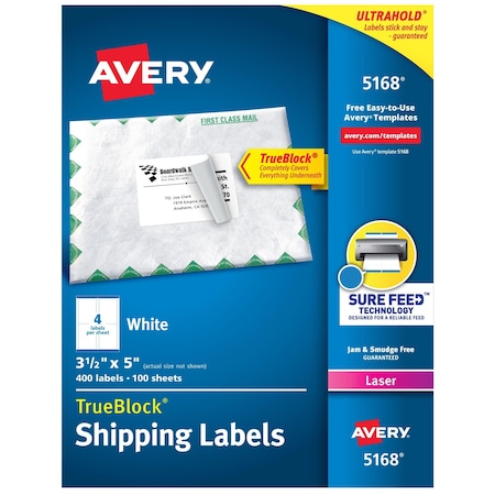 Laser Label, 5 in Label W, 3 1/2 in Label H, 4 Labels per Sheet White MPN:7278205168