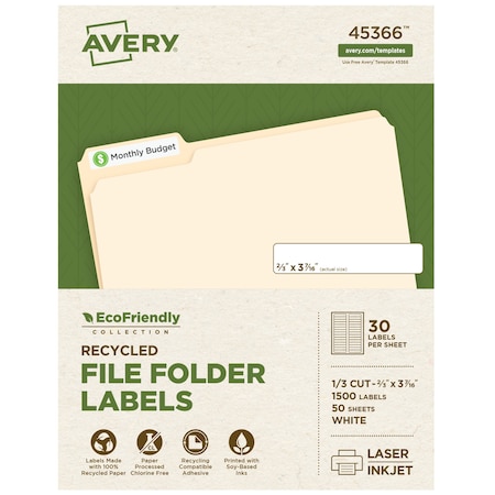 Laser/Inkjet Label, 3 7/16 in Label W, 2/3 in Label H, 30 Labels per Sheet White MPN:7278245366
