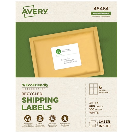 Laser/Inkjet Label, 4 in Label W, 3 1/3 in Label H, 6 Labels per Sheet White MPN:7278248464