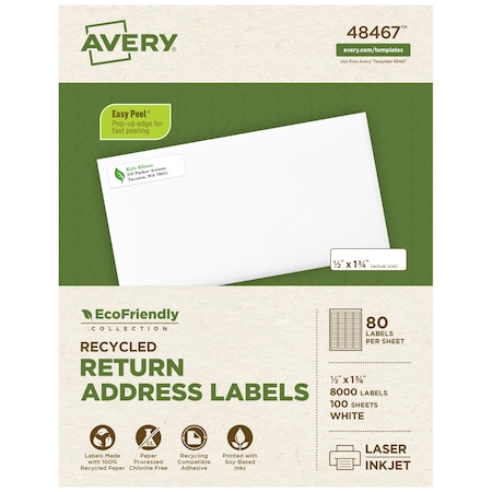 Laser/Inkjet Label, 1 3/4 in Label W, 1/2 in Label H, 80 Labels per Sheet White MPN:7278248467