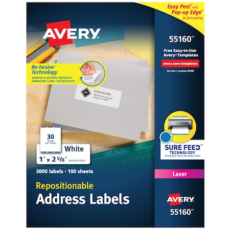 Laser Address Label, 2 5/8 in Label W, 1 in Label H, 30 Labels per Sheet White MPN:7278255160