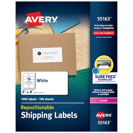 Laser Mailing Label, 4 in Label W, 2 in Label H, 10 Labels per Sheet White MPN:7278255163