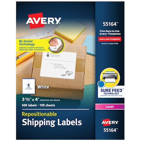 Laser Mailing Label, 4 in Label W, 3 1/3 in Label H, 6 Labels per Sheet White MPN:7278255164