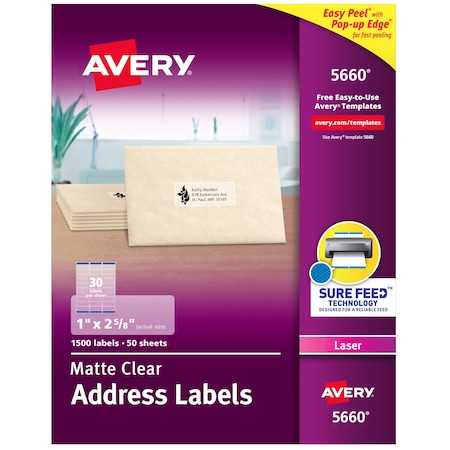 Laser Label, 2 5/8 in Label W, 1 in Label H, 30 Labels per Sheet Clear MPN:727825660