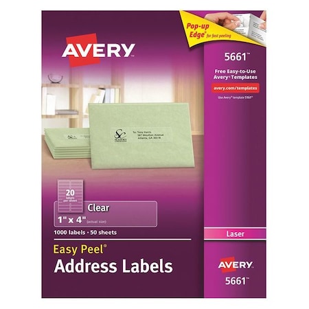 Laser Label, 4 in Label W, 1 in Label H, 20 Labels per Sheet Clear MPN:727825661