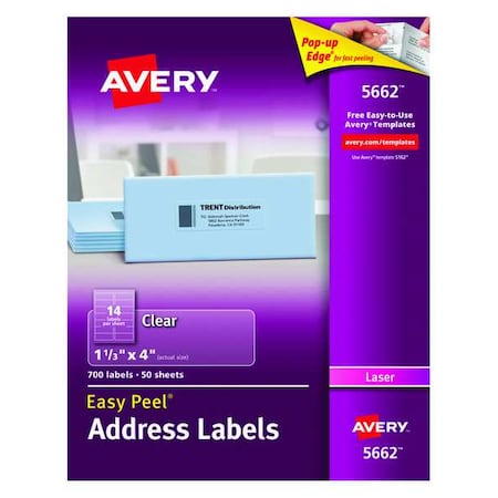 Laser Label, 4 in Label W, 1 1/3 in Label H, 14 Labels per Sheet Clear MPN:727825662