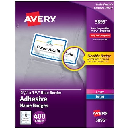Avery White Adhesive Name Badges with Blue Border 5895, 2-1/3