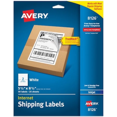 Inkjet Label, 8 1/2 in Label W, 5 1/2 in Label H, 2 Labels per Sheet White MPN:727828126