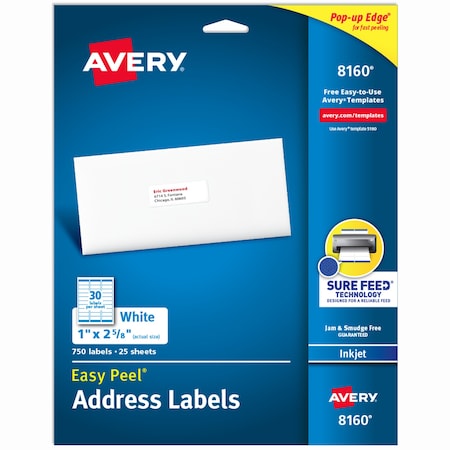 Inkjet Label, 2 5/8 in Label W, 1 in Label H, 30 Labels per Sheet White MPN:727828160
