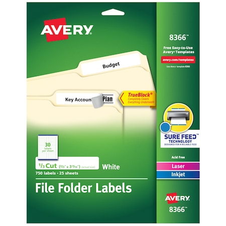 Laser/Inkjet Label, 3 7/16 in Label W, 2/3 in Label H, 30 Labels per Sheet White MPN:727828366