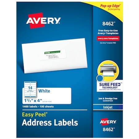 Inkjet Label, 4 in Label W, 1 1/3 in Label H, 14 Labels per Sheet White MPN:727828462