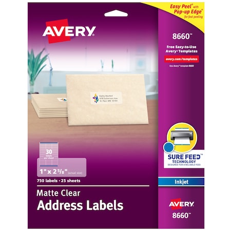 Inkjet Label, 2 5/8 in Label W, 1 in Label H, 30 Labels per Sheet Clear MPN:727828660
